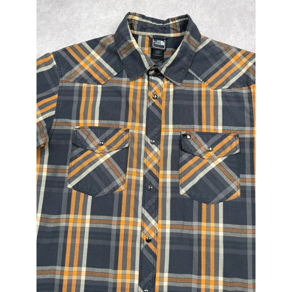 The North Face Mens M Plaid Western Snap Short Sleeve Shirt Black Gray Orange